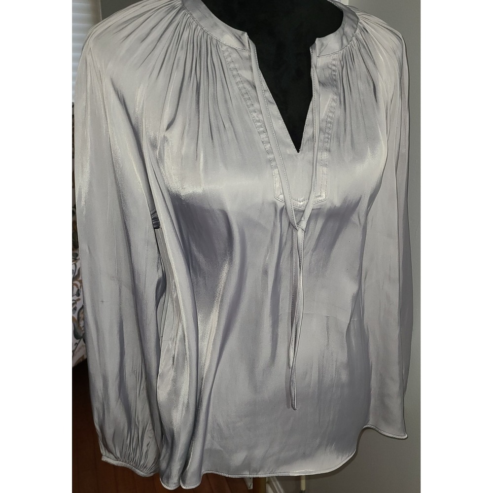 Maison d'Amelie Women's Size M Silver Smocked Peasant Blouse V-Neck Tie Front